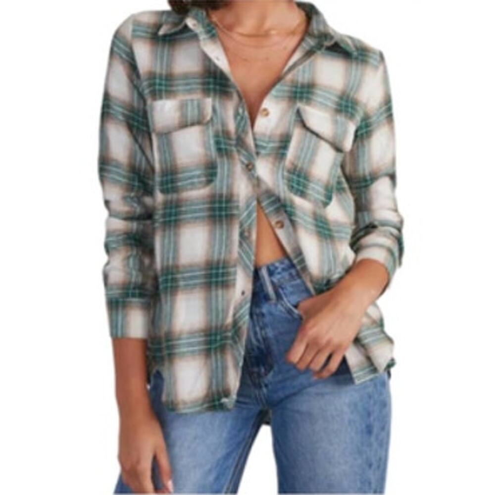 Blu Pepper NWT Green Ivory Plaid Flannel Button Down Shirt Small